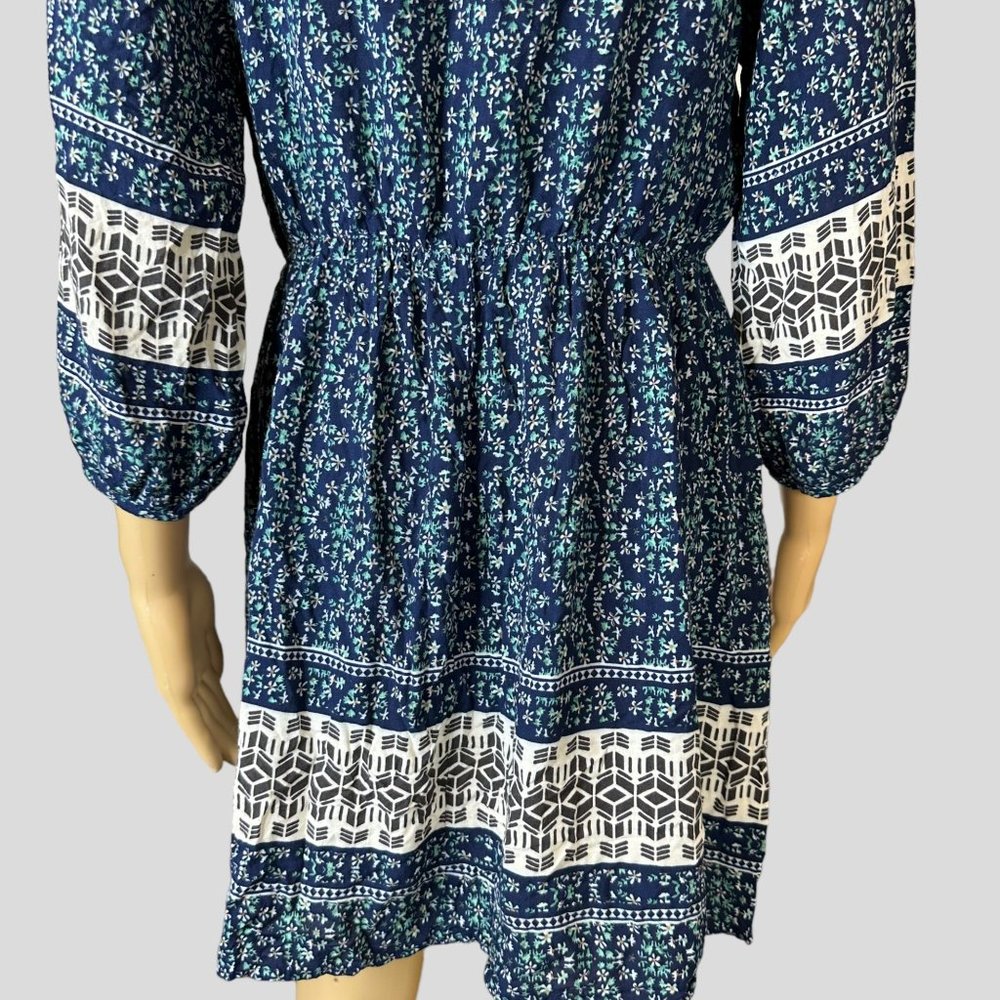 Addie Bohemian Mini Dress Medium Blue Green Floral 3/4 Sleeves Elastic Waist - Picture 8 of 13